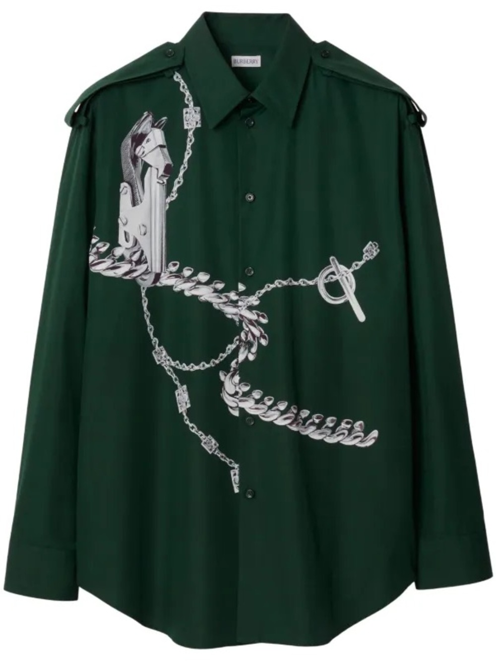 Burberry Knight Hardware Print Silk Shirt Color Silver / Green  In Size LARGE